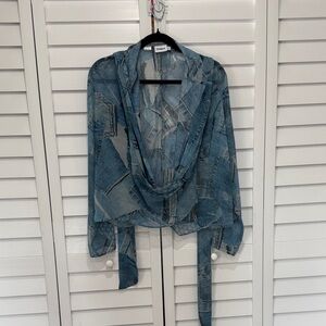 Desigual Denim Pattern Blue Sheer wrap Blouse